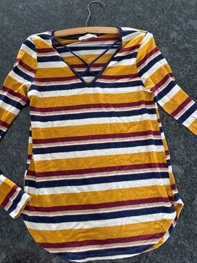 Gaze - Striped V‑Neck Crisscross Long Sleeve Top - Mustard/Navy/Burgundy